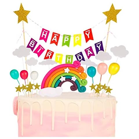 DONGDA 24 Pcs Cake Topper Decorations Happy Birthday Cake Topper Bunting Set with Rainbow Birthday Party Cupcake Balloons Ornaments for Birthday Cake Party Cover
