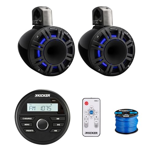 Kicker 46KMC2 Marine Gauge Style USB Bluetooth AM/FM Stereo Media Center Receiver, 2X 8 500 Watt Peak Multicolor LED Horn-Loaded (HLCD) Tower Speakers (Black) with LED Remote, 50 Feet Wire