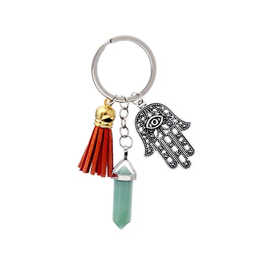 JewelBeauty Natural Quartz Stone Healing Pointed Chakra Hamsa Hand and Tassels Keychain Protection Charm Luck Keychain (Green Aventurine)
