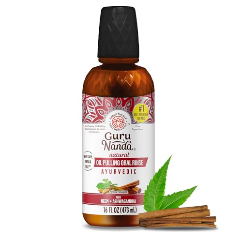 GuruNanda Cinnamon Oil Pulling Mouthwash Promotes Calmness with Neem & Ashwagandha for Fresh Breath & Happy Gums Alcohol-Free 16 Oz