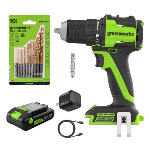 Image of Greenworks PowerAll 24V Cordless Brushless 1 /2 inch 400 in-lbs Drill /Driver, 20+1 Ratcheting Clutch, 2.0Ah USB-C Battery (12,000mAh Power Bank),30W USB-C Charger and Cable,10PC Titanium Drill Bit Set