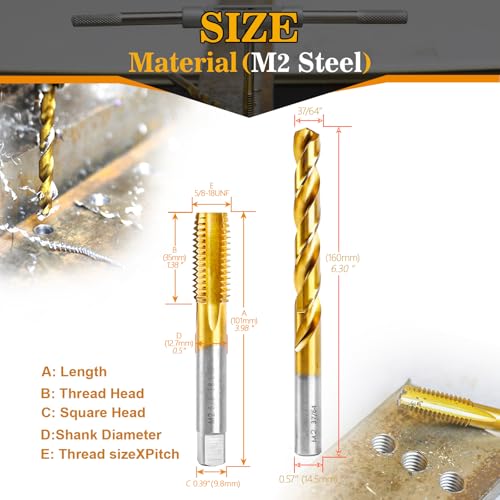 Image of 5 /8 inch-18 UNF Tap and 37 /64 inch Drill Bit Kit,M2 HSS Drill and Tap Set, Combination of Drill and Tap Kit for Metal