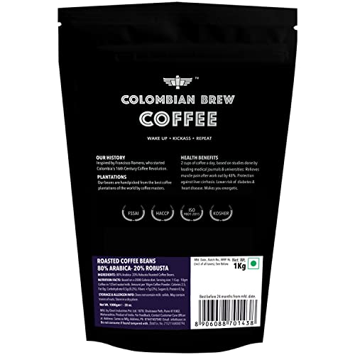Image of COLOMBIAN BREW COFFEE Colombian Brew 80-20 Arabica Robusta Roasted Coffee Beans 1kg (Pack of 2)