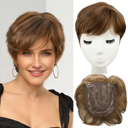 PORSMEER Hair Toppers for Women Hair Topper Short Pixie Cut Toppers Hair Pieces for Women with Thinning Hair Synthetic Toppers for Thin Hair Hair Topper Wiglets (Medium golden brown)