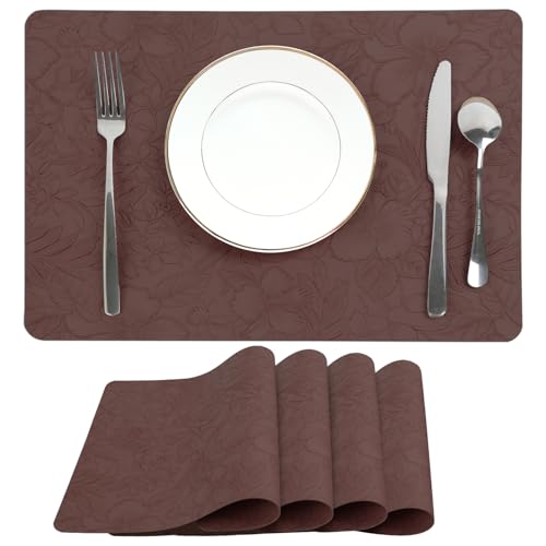 Burgundy Brown PU Leather Placemats Set of 4, 17×11.7In Heat Resistant, Washable, Wipeable, Anti-Slip, Wipe Clean Place Mats Kitchen Dining Table Mats Boho Style Embossed for Indoor/Outdoor Use