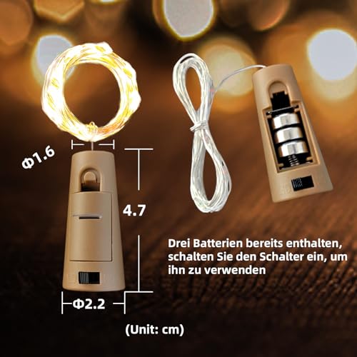 LEECOCO LED Flaschenlichterkette 2m, 20 LEDs, Flaschenkorken Lichterkette für Weihnachten, Party und Hochzeit - Dekorative Lichter für Flaschen, Gläser & Deko (10 Stück Warmweiß)