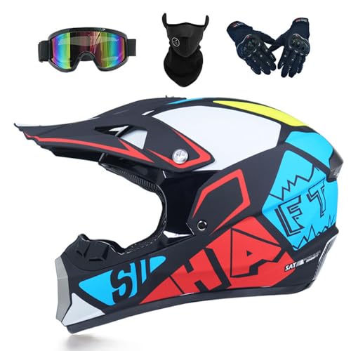 PAESCOY Casque De Motocross avec Lunettes UV Masque Gants Casque De VTT Certifié Dot/ECE Casque De Moto Intégral Dirt Bike Offroad Casque Cruiser Chopper Casque De Cyclomoteur pour Homme Femme,Muti-L