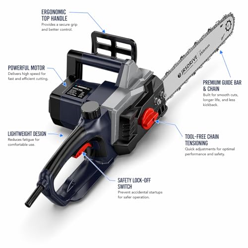 Image of Electric Chainsaw 14 Inch 350mm Guide Bar, 8500 RPM High Power Motor, Tool-Free Chain Tensioning, Safety Lock-Off Switch, Lightweight Wood Cutting Machine for DIY, Gardening & Firewood (ECHS-400N)