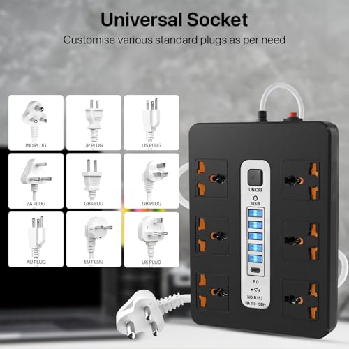 Image of DR VAKU 12in1 2000W Extension Board with 6 Universal Sockets & 5 USB A Ports (18W), 20W Fast PD Type C Charge 2 Meter Heavy Duty Cord Smart Chip Power Strip for Home Office Travel, 220 Volts- Black