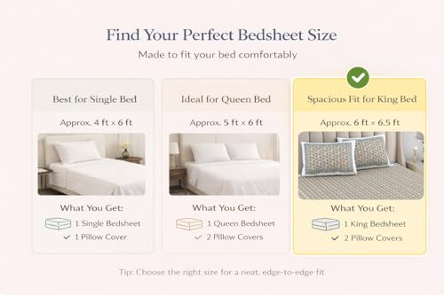 Image of ElanorHomes 240 TC Cotton Double King Size Bedsheet | Ultra-Soft & Skin-Safe | Breathable Summer Comfort | 93x108 inches with 2 Pillow Covers (Narangi Buta)