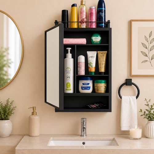 Image of CIPLA PLAST Rich Look Plastic Wall-Mounted Bathroom Mirror Cabinet with Storage Shelves, Single Door, Bathroom Mirror Cabinet with Towel Holder | (Black)