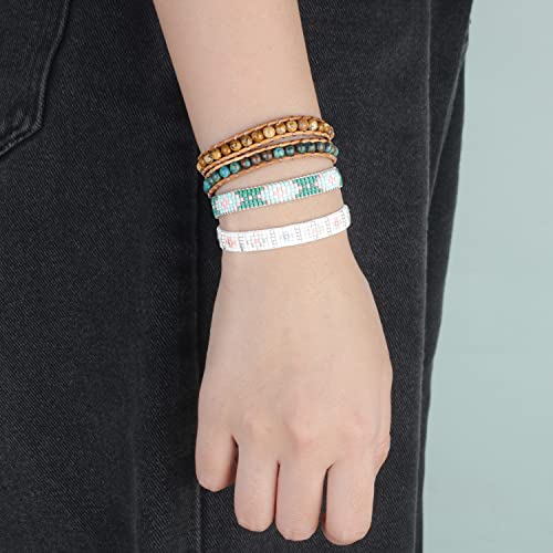 Image of KELITCH Double Wrap Bracelet Women Hand-Braided Turquoise Beads Bracelets Boho Leather Bracelets Bangle