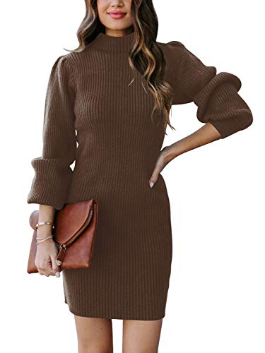 ANRABESS Womens Cowl Neck Cable Knit Long Sleeve Winter Sweater Bodycon Mini Dress A145zongtuo-M Brown - Image 3