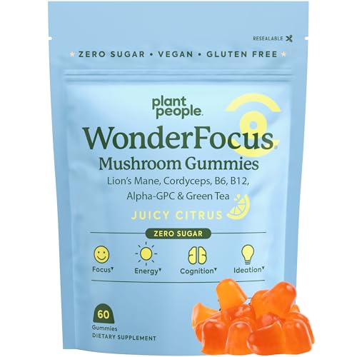 Plant People WonderFocus Mushroom Gummies with Lions Mane & Cordyceps - Nootropic Brain Supplement Boosts Memory Focus Energy & Mood in Adults | No Sugar 100% Vegan Citrus Flavor 60 Count