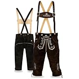 Bavarian Knee-Length Lederhosen for Men - Designed in Germany - Genuine Leather Pants with H-Style Suspenders, Color: Dark Brown, US Size: 40