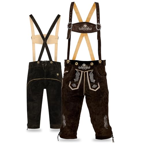 Bavarian Knee-Length Lederhosen for Men - Designed in Germany - Genuine Leather Pants with H-Style Suspenders Color: Dark Brown US Size: 38
