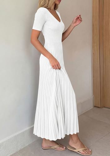 Image of PRETTYGARDEN Women's 2026 Spring Midi Sweater Dresses Elegant Pleated Ribbed Knit Short Sleeve V Neck A Line Summer Outfits
