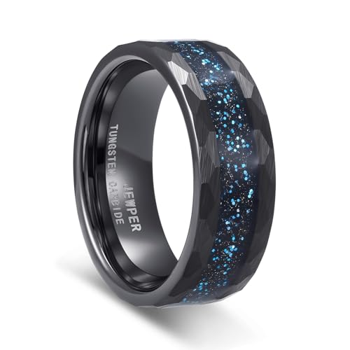 JEWPER Tungsten Rings for Men 8mm Black/Silver/Gold Fashion Promise Wedding Band Hammered Groove Meteorite Orbo Carbide Beveled Polished Edge Comfort Fit(9)