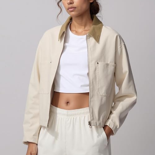 Womens Cropped Bomber Jacket Corduroy Collar Barn Coat Lightweight Utility Zip Up Cotton Canvas Workwear4