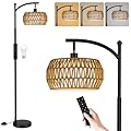 Ambimall Arc Floor Lamp for Living Room with Remote, Color Temperature & Brightness Adjustable, Bohemia Standing Lamp with Rattan & Fabric Double Drum Shades, Bulb Included(Black)