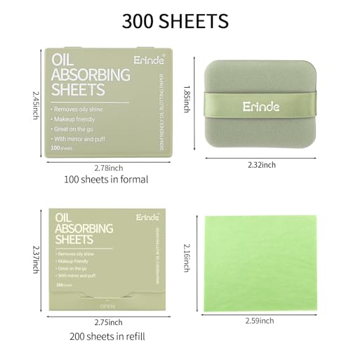 erinde oil blotting sheets for face with mirror and puff 300 sheets oil blotting paper for oily skin face oil absorbing sheet natural oil control film absorb excess oil makeup friendly