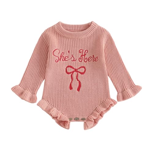 Baby Girl Fall Outfit Newborn Romper Knit Sweater She's Here Embroidery Long Sleeve Ruffle Bodysuit Sweatshirt 0-12M