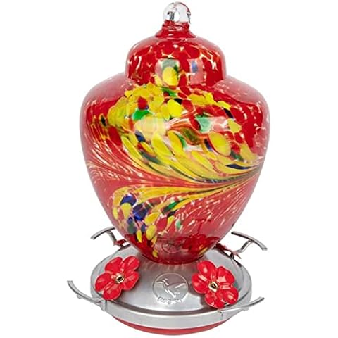 REZIPO Hummingbird Feeder with Perch - Hand Blown Glass - 38 Fluid Ounces Hummingbird Nectar Capacity Include Hanging Wires and Moat Hook (Red-fire) Cover