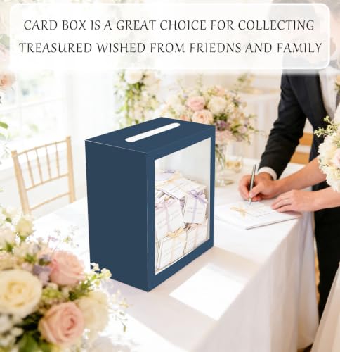 Image of SietDESEO Navy Blue Card Box for Party with Clear Window Large Gift Card Box Holder for Wedding Reception Birthday Graduation Baby Shower Raffle Ticket Box
