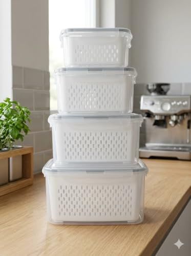 Image of Refrigerator Storage Box with Lid & Drain Basket Set of 4