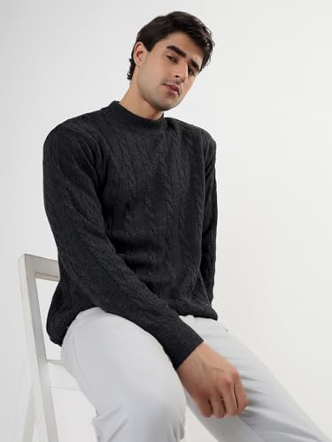 Image of Kvetoo Men's High Neck Cable Knit Sweater | Winter Pullover | Warm Wool Blend |Casual Full Sleeve Sweater for Men | Stylish Ribbed Neck Slim Fit Winterwear
