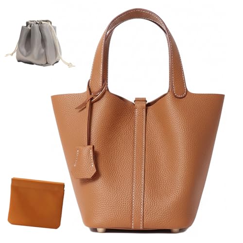 Genuine Leather Lock Design Bucket Bag Vegetable Basket, Fashionable and Versatile Satchel Handbag(Brown)