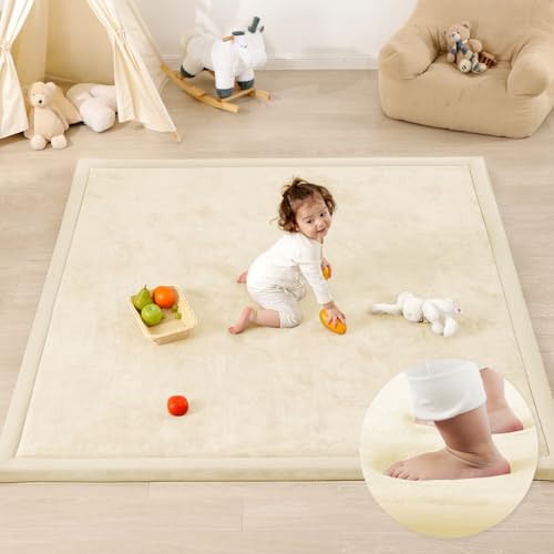 Image of 1.3 inch Thick Baby Play Mat for Floor Playpen, 50x50 Foam Tummy Time Mat, Padded Support Soft Plush Nursery Rug for Infant Kids Toddler Crawling Kick Activity (Ivory)