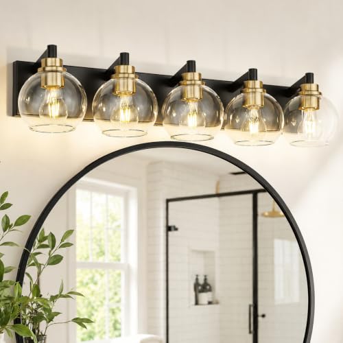 Image of Bathroom Light Fixtures, 5-Light Black and Gold Bathroom Vanity Light, 32 Inch Modern Wall Sconces with Globe Clear Glass Shade, Vanity Lighting Fixtures Over Mirror, VL195-KG-5