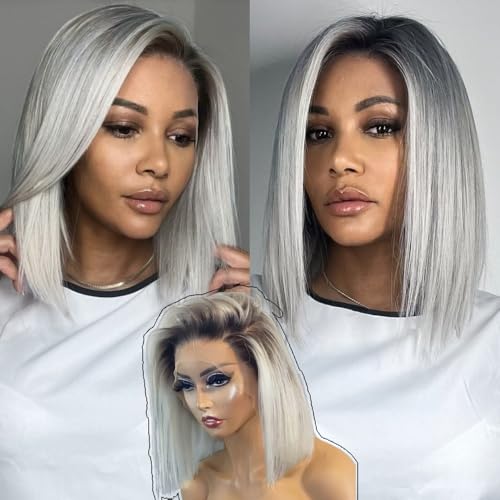 Dark Roots Ombre Platinum Blonde Lace Front Wigs Human Hair