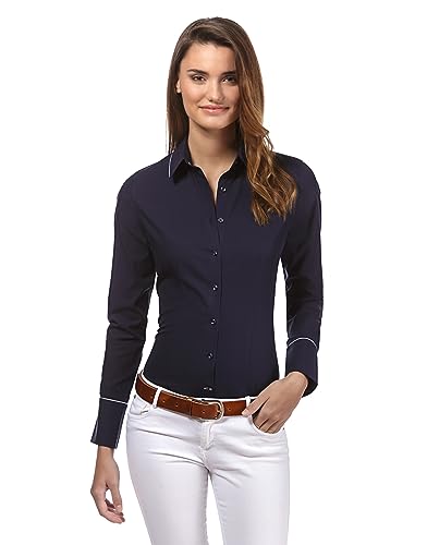 Vincenzo Boretti Damen Bluse leicht tailliert 100% Baumwolle bügelleicht Langarm Hemdbluse elegant festlich Kent-Kragen auch für Business und unter Pullover dunkelblau 42