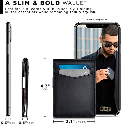 Contacts Genuine Leather Slim Wallet | RFID Blocking Skinny Minimal Thin Front Pocket Wallet Sleeve Card Holder for Men | 7 Card Slots, 1 ID Window, Black, Minimalist3