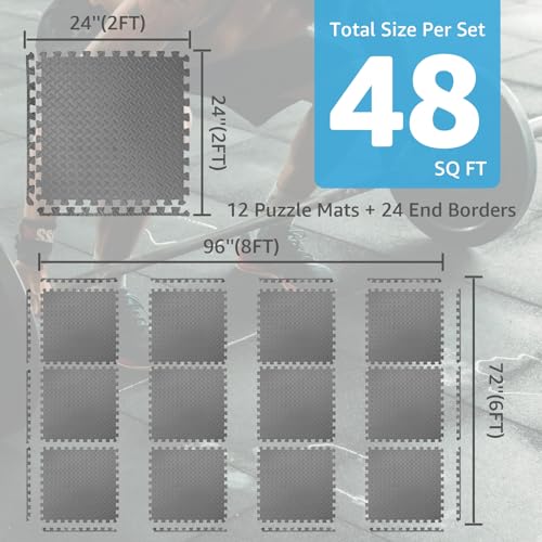 Image of Art3d 48 Sq.Ft Eva Puzzle Exercise Mats, 1 /2 inch Thick Foam Interlocking Tiles for Flooring, Workout, Gym Equipments, Pack of 12, Grey