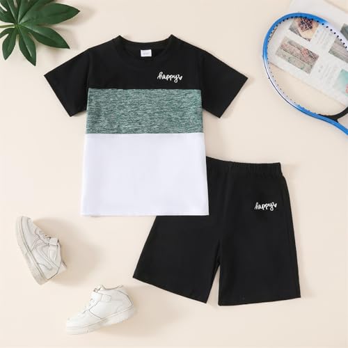 Image of Yoxindax Toddler Kid Boy Clothes Colorblock Letter Graphic Tee Shorts 2PC Summer Outfit Set