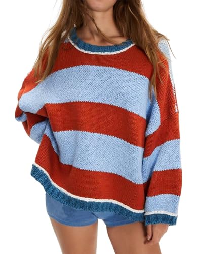 Womens Fall Color Block Striped Sweater Crewneck Long Sleeve Loose Pullover Sweaters Knitted Tops