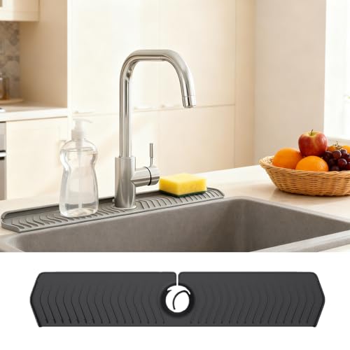 Image of 30 Inch Silicone Kitchen Sink Faucet Mat, Adjustable Waterproof Splash Guard Draining Mat Keep Countertops Dry (Black)