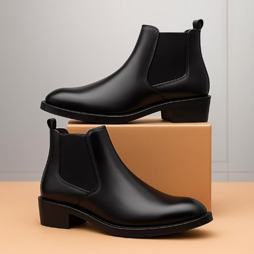 Image of BXXY Men's Faux Leather Material Casual Formal Slipon Chelsea Boot and Dress Boot with 5.08 Cm Block Heel Height.