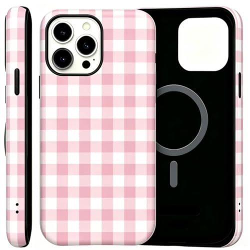Image of for iPhone 13 /14 Case Cute Phone Case,Compatible with MagSafe,Dual Layer Shockproof Protective Phone Cover,Hard Shell + Silicone Cover,Fashion Design for Women Girls,Pink and White Plaid