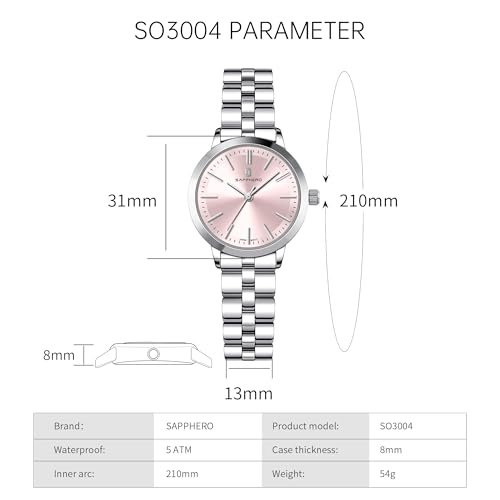 Image of Sapphero Ladies Watch Easy to Read Wristwatch, Women's Quartz Watch with Stainless Steel Strap, 5 ATM Waterproof, Classic Elegance Women Business Waterproof Watch