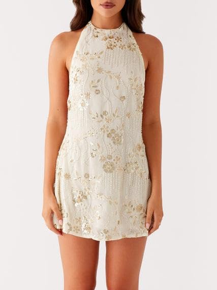 Sastianaen Women Y2k Sequin Mini Dress Halter Neck Sparkly Backless Short Dress Going Out Cocktail Party Clubwear3