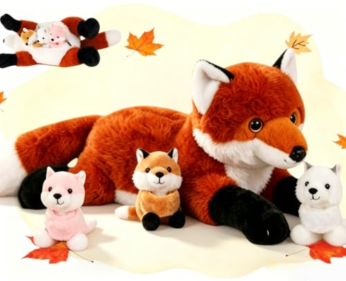 Youthfuljive 4 in 1 Fox Stuffed Animal Plush Set, 19" Large Mommy Red Stuffed Fox Plush Toy with 3 Baby Foxes Fox Plushies Pillow Fox Toys for Girls Boys Kids Birthday Christmas Plush Gifts Decor