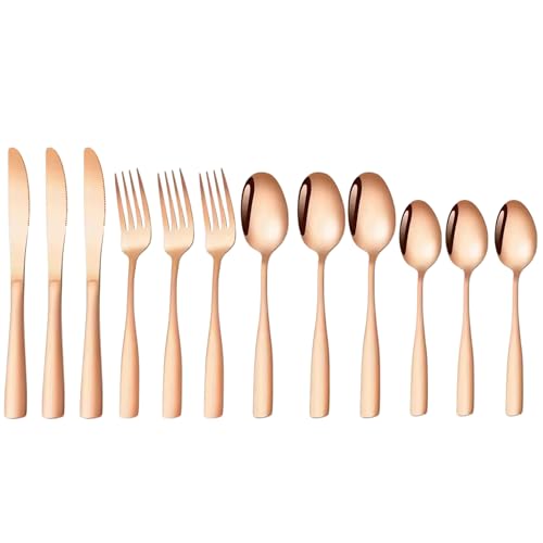Image of aDai Rosegold Silverware Set, Satin Finish | 12-Piece Stainless Steel Flatware Set | Dishwasher Safe Kitchen Cutlery for Home, Restaurant & Gifting