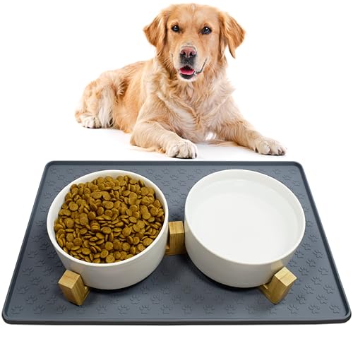 Nesirooh Ciotole per Cani Ceramica, Doppia Ciotola per Acqua e Cibo con Supporto in Bambù e Tappetino Antiscivolo per Cani di Taglia Media (850 ml, 2 Bianco)