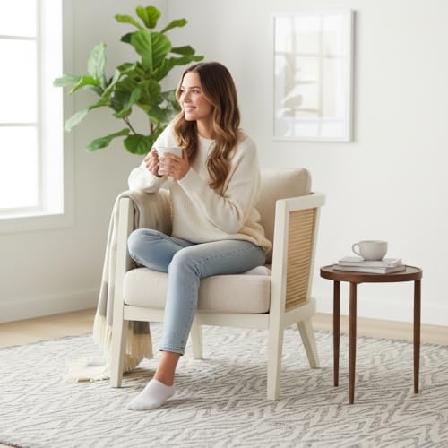 Image of APRODZ Solid Wood Accent Chair for Living Room Mid Century Modern Wooden Upholstered Armchair with Cushion Lounge Chair Cane Back Wooden Frame for Living Room Bedroom Office Seating (White)