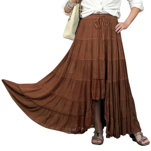 Agan Traders Women's 2025 Spring Peasant Tiered A Line Flared High Low Elastic Waistband Flowy Long Maxi Skirt2