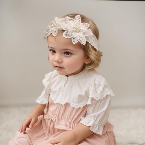 Baby Girls Lace Headband Handmade Flower Hair Band Infants Head Wrap Soft Elastic Pearl Floral Hairband for Newborn Toddler Kids Hair Accessories (White E, Adjustable)2